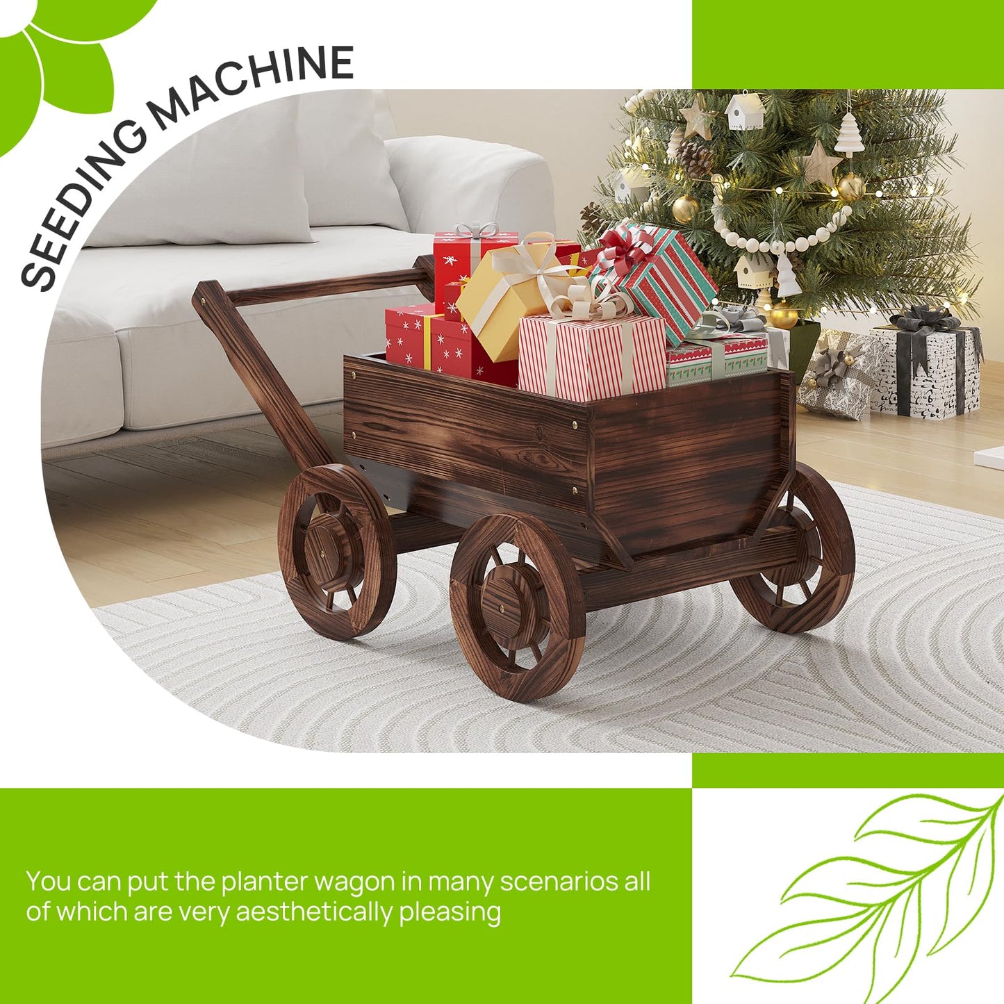 Wooden Flower Cart with Wheels Wooden Wagon Planter Outdoor Garden Planter Decor Planter Kit for Patio Balcony Trolley Decoration Succulent Flower Pot, Indoor Backyard Balcon Decor（Small）