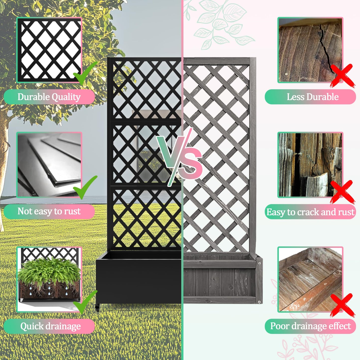 Metal Raised Garden Bed with Trellis for Climbing Plants, Vegetable, Vines,Metal Planter Box with Trellis 73"x35"x16",Trellis with Planter Box & Privacy Screen,Raised Garden Bed On Wheels(Black)