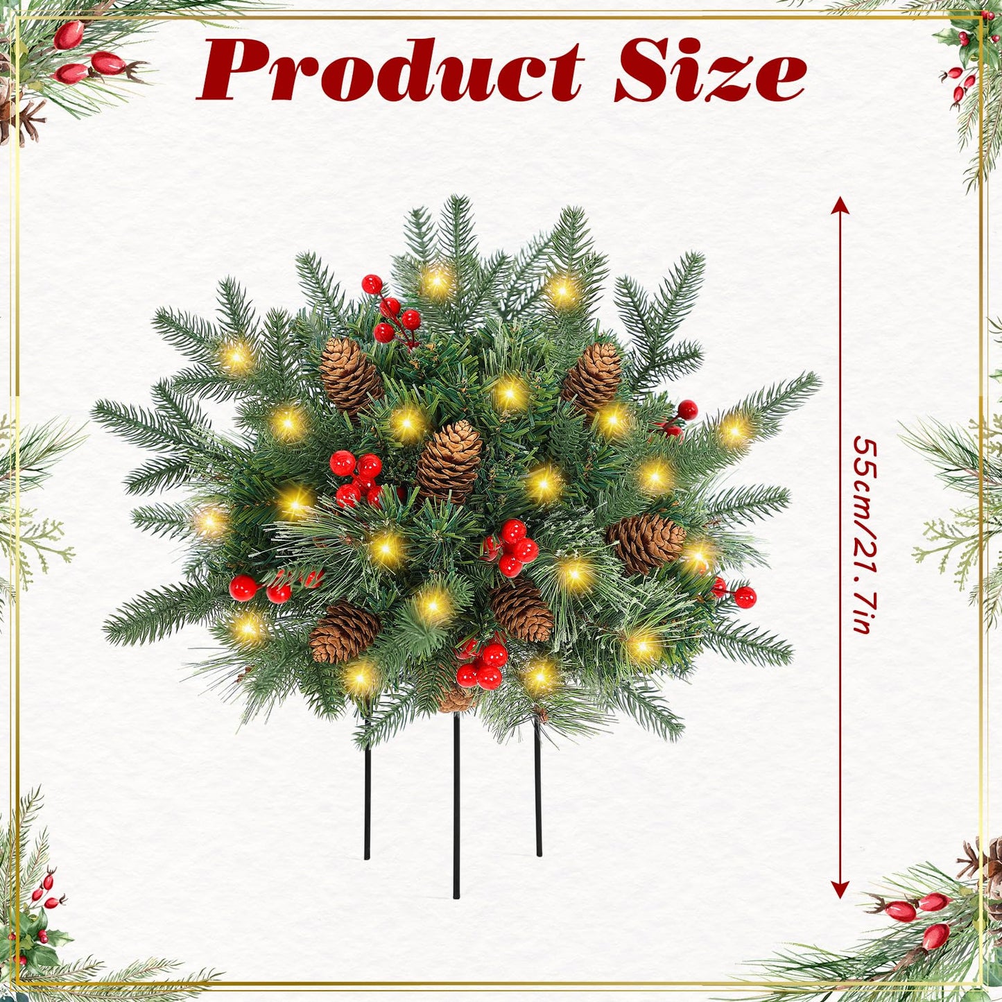 Lighted Artificial Christmas Urn Filler, 2 Pack Small Xmas Pine Tree Outdoor Decorations with Cones, Red Berries & 50 LED Lights, Light Up Planter Filler Decor for Porch Yard, Garden, Cemetery