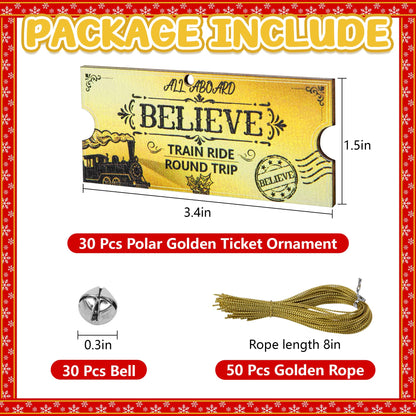 Mizelu 30 Set Christmas Polar Golden Wooden Tickets, North Pole Train Ticket Ornaments with Bells and Ropes, Christmas Believe Train Decoration for Xmas Holiday Party Favor Supplies (Golden)