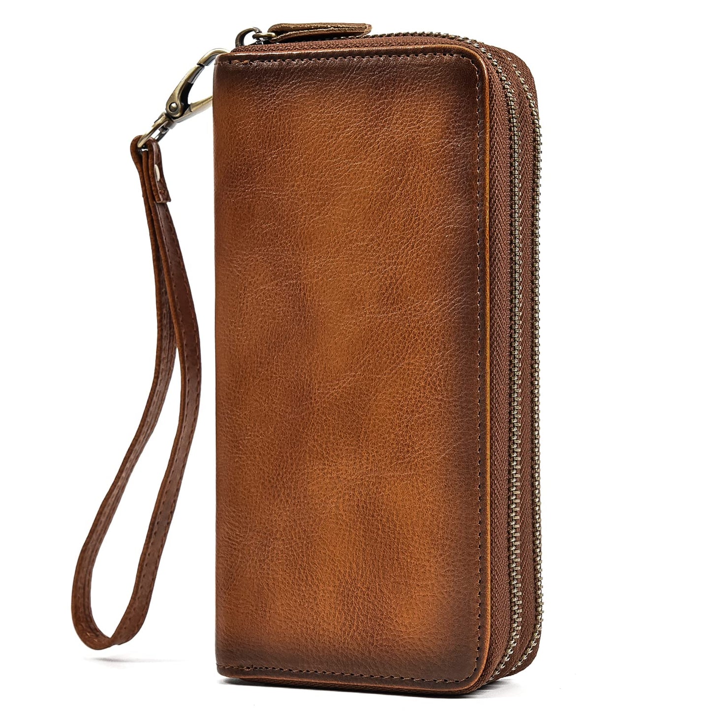 LUUFAN Men's Genuine Leather Clutch Bag Double Zipper Purse 4 Interlayer Zip-Around Wallet (Brown 4)