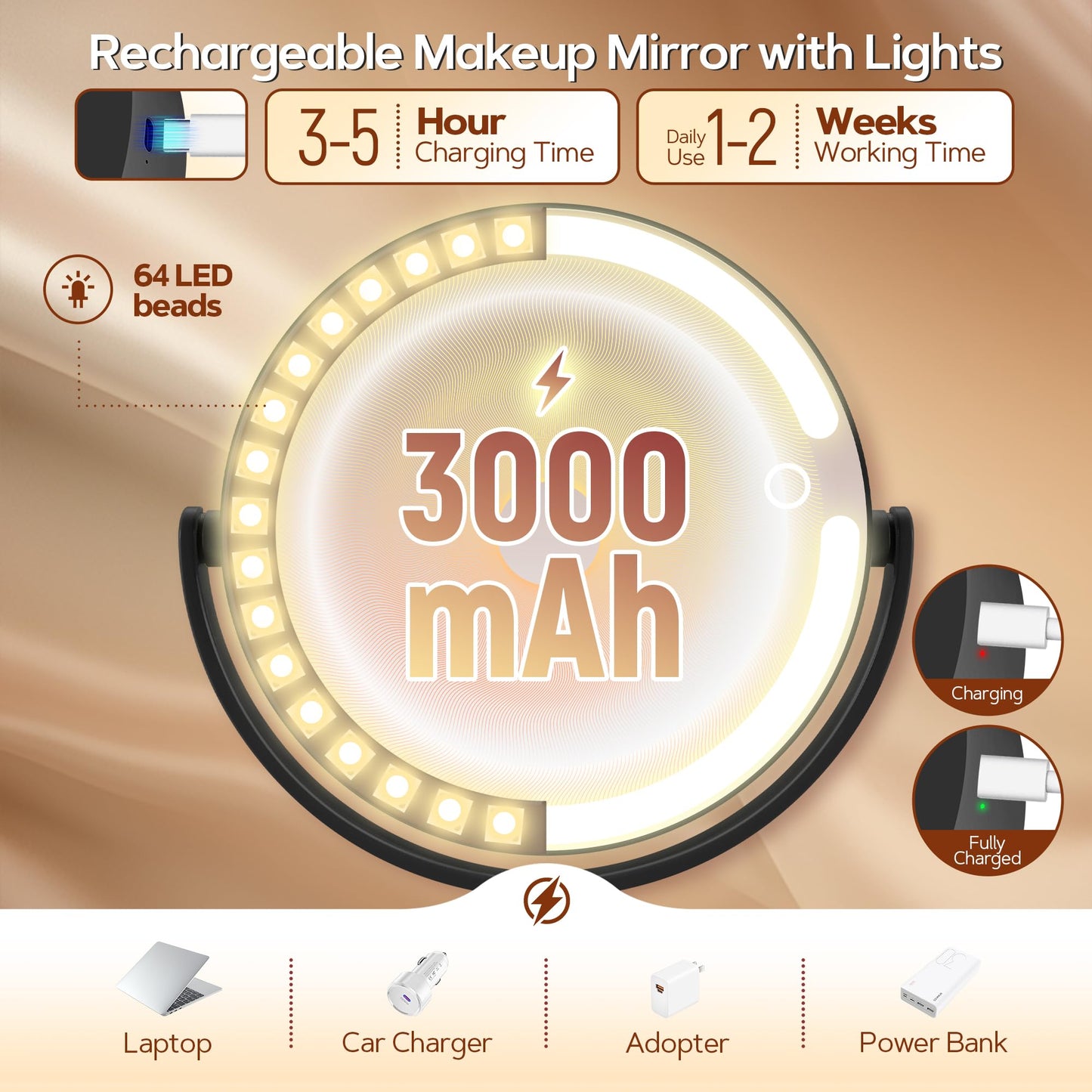 B Beauty Planet Makeup Mirror with Lights, Lighted Magnifying Mirror 30X with 3 Lighting and Adjustable Brightness, 2-Sided Height Adjustable Vanity Mirror for Bathroom, Gifts for Women White