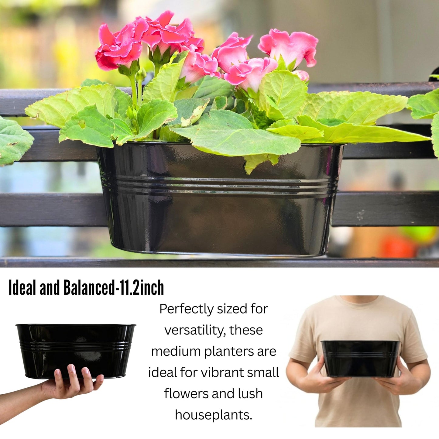 LaLaGreen Outdoor Plants Rail Planter Plants (6 Pack, 11.2 Inch) Black Metal Iron Hanging Flower Pots Deck Railings Fence Buckets Modern Style Wall Mount Window Box Plant Holder with Hooks Porch Decor