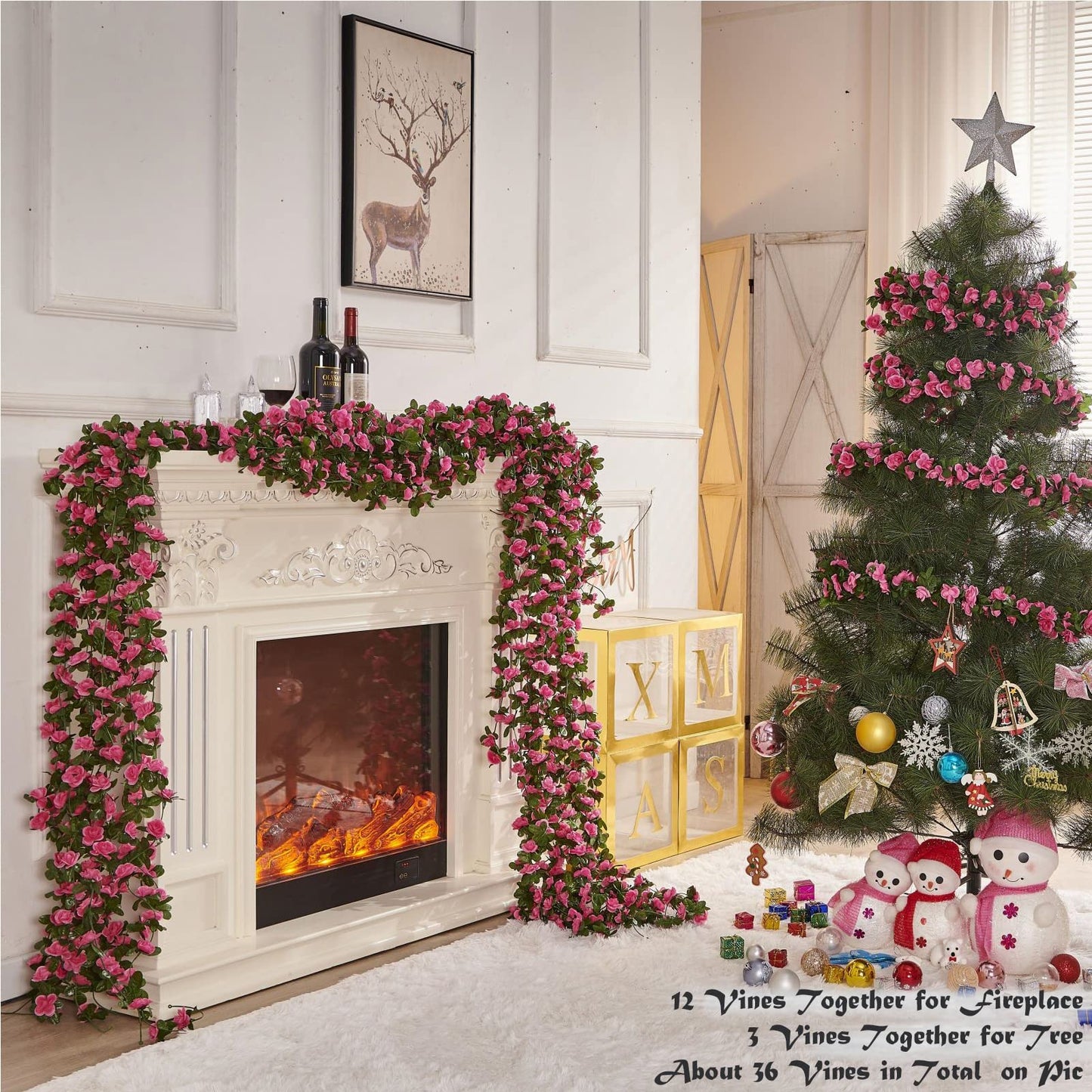 PONKING 8 Pcs x 8.2 ft Flower Garland Artificial Rose Vine Flowers with Green Leaves Hanging Fake Roses Vine for Room Party Home Wedding Birthday Christmas Wall Arch Decor, Spring Magenta Flower