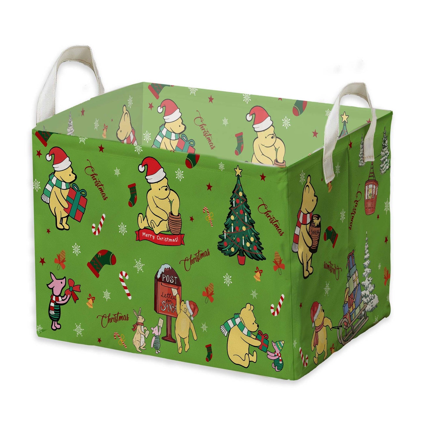 ZsaTuiy Winnie Theme Christmas Baskets Decor,the Pooh Baby Stuff, Large Square Canvas Baby Laundry Hamper with A Waterproof PE Coating,Foldable Storage Bin for Toys and Clothes
