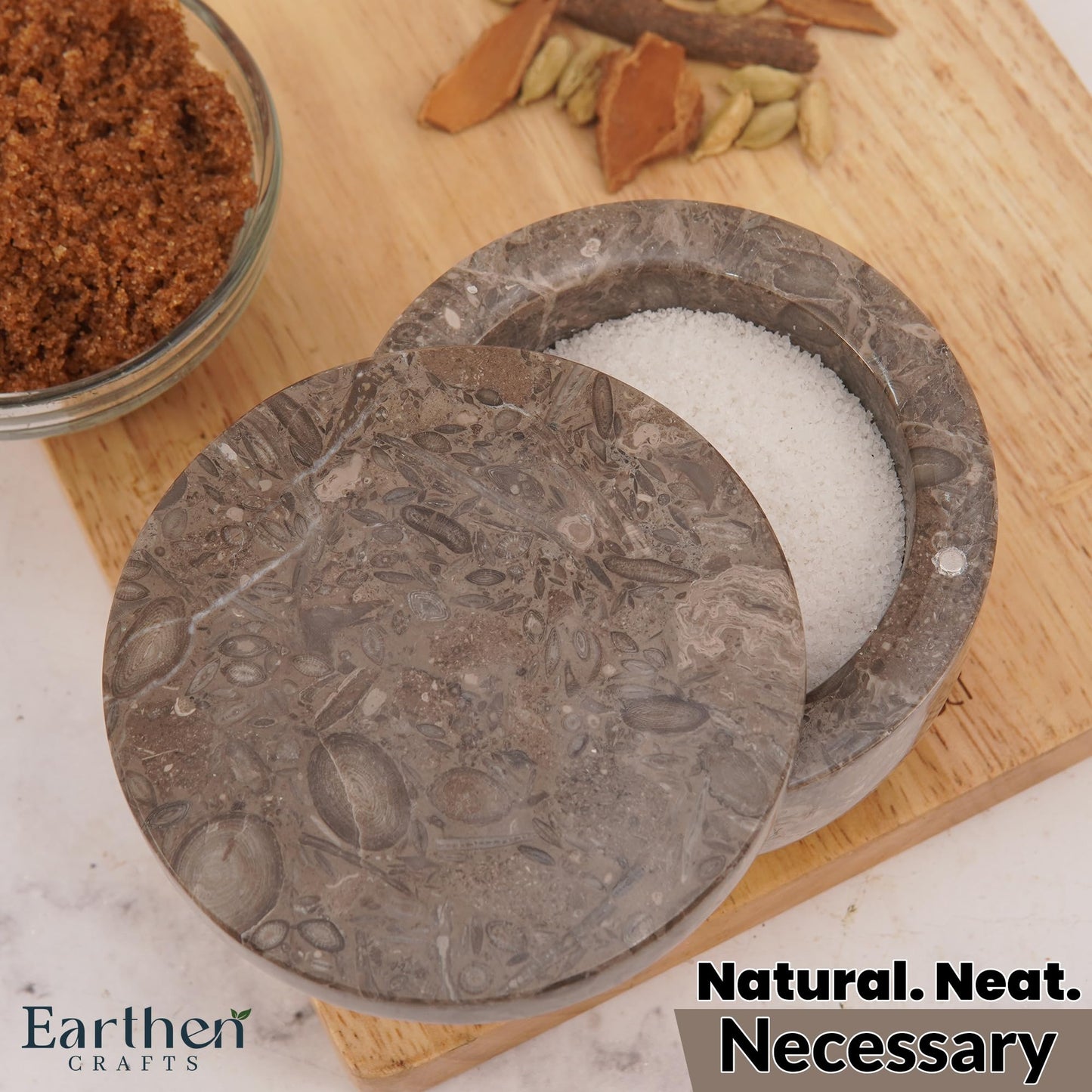 Earthen Crafts Marble Salt Cellar with Swivel Magnetic Lid 4" Salt Box Oceanic Salt & Pepper Container, Salt Keeper, Spice Jar Ideal for Kitchen or Bath Salt Storage, 5.6 OZ