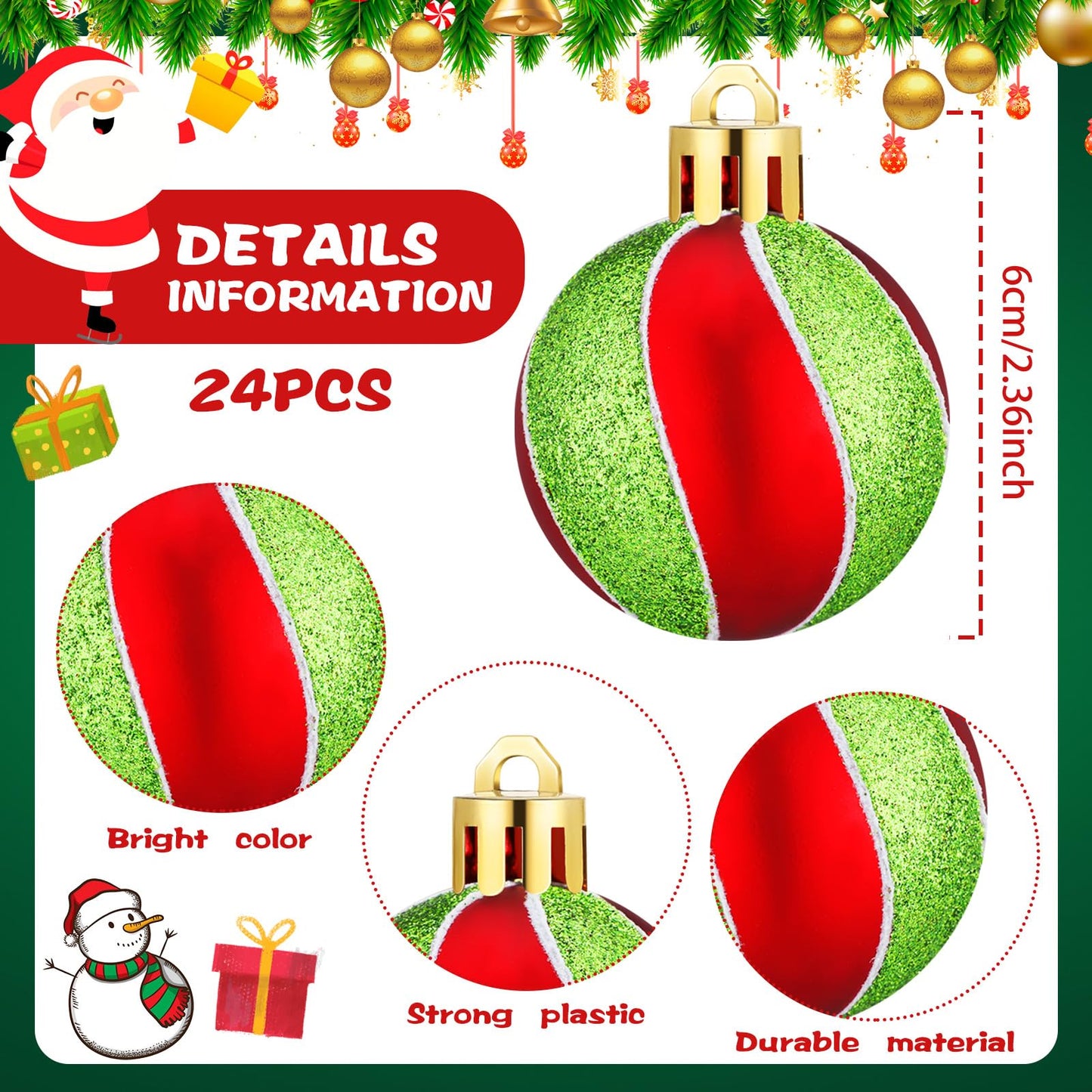 Jetec 24 Pcs Lime Green and Red Christmas Ball Ornaments for Tree 2.4 Inch Polka Dots Stripes Christmas Decorations Shatterproof Peppermint Candy Cane Xmas Baubles for Tree Home Wreath Party Decor