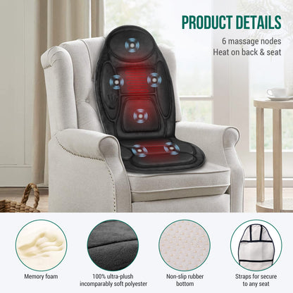 Snailax Back Massager with Heat, Memory Foam Chair Massage Pad, 5 Massage Modes & 2 Heat Settings, Seat Massager for Office Chair,Home Use