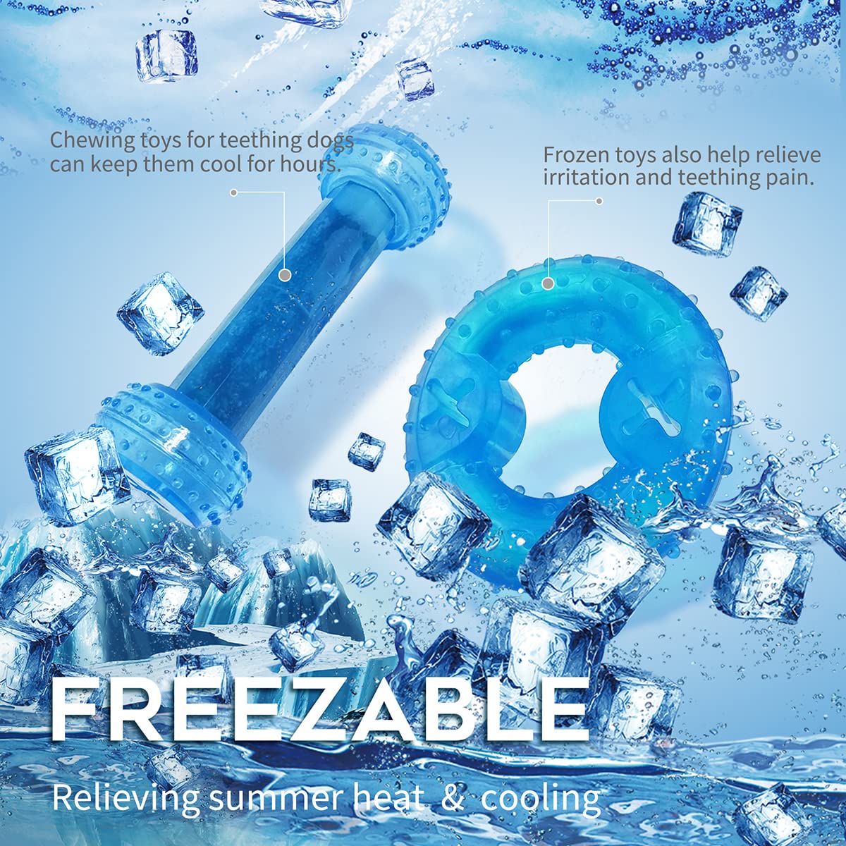 SPOFLY Freezable Puppy Teething Toy, 1 Teething Ring +1 Teething Bone Freezable Dog Chew Toys Set (Blue)