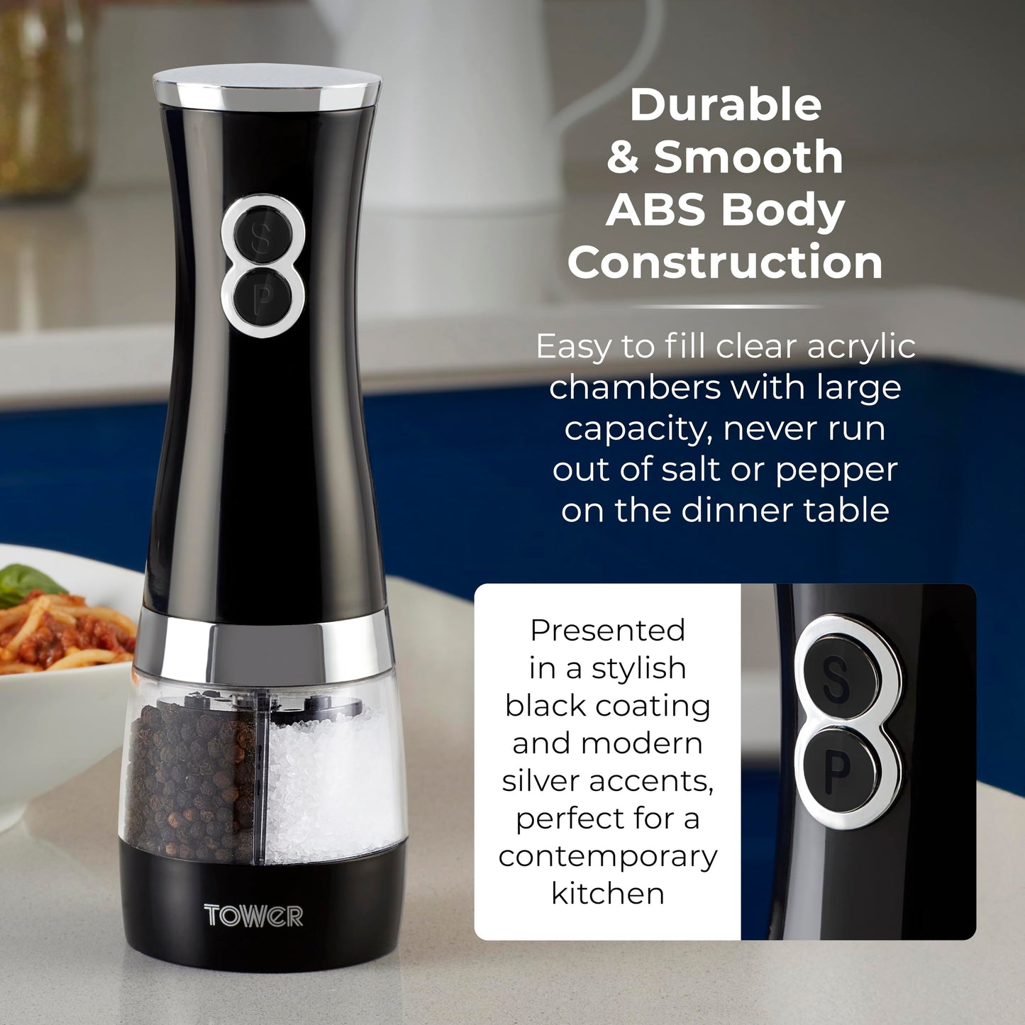 Tower Duo Electric Salt/Pepper Mill, Black