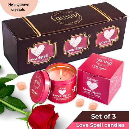 Love Spell - Scented Candles for Women & Men with Rose Petals and Crystals - Pack of 3 x 5oz Soy Clean Organic Non Toxic - Velas Aromáticas - Aromatherapy Spa Valentines Gift Candel