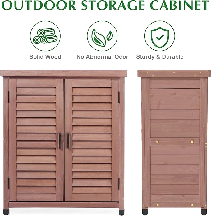 Outdoor Storage Cabinet & Potting Bench Table with Metal Top, Wooden Patio Furniture, Garden Workstation (Dark Brown, 36x31x17in)