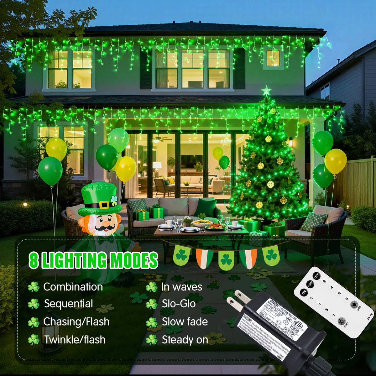 JMEXSUSS 400 LED 38.8F Green Icicle Lights for St Patrick's Day, Green Christmas Lights Indoor Outdoor, String Icicle Light for St Patrick House Fireplace Party Yard Decoration