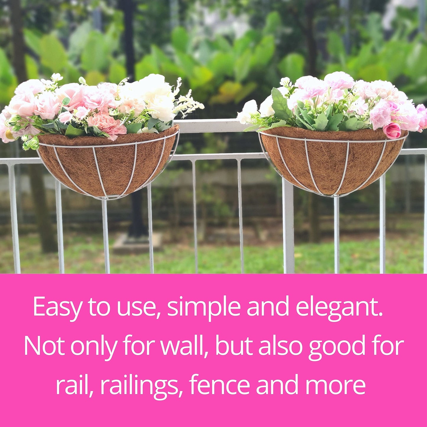LaLaGreen Large Wall Planters Outdoor, 2 Pack, 14 Inch Wall Hanging White Metal Wire Pot with Coco Liner, Wall Mount Flower Basket Outside Fence Railing Plant Holder Patio Deck Porch Balcony Garden