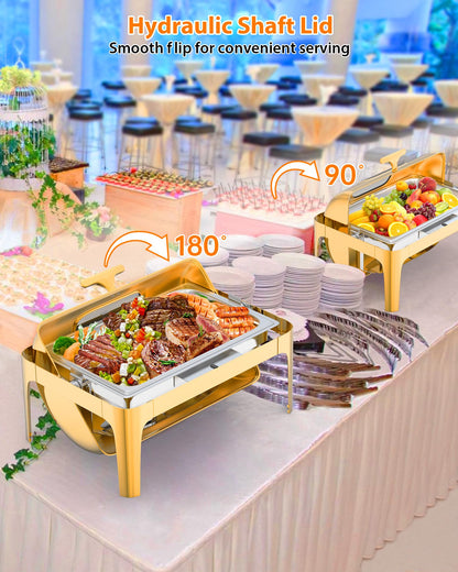 GarveeHome Roll Top Chafing Dish for Buffet, 9QT Retangle Stainless Steel Food Warmer Server with Visible Lid Water Pan Stand Fuel Holder Clip,for Parties, Birthday, Hotels and Weddings, Gold