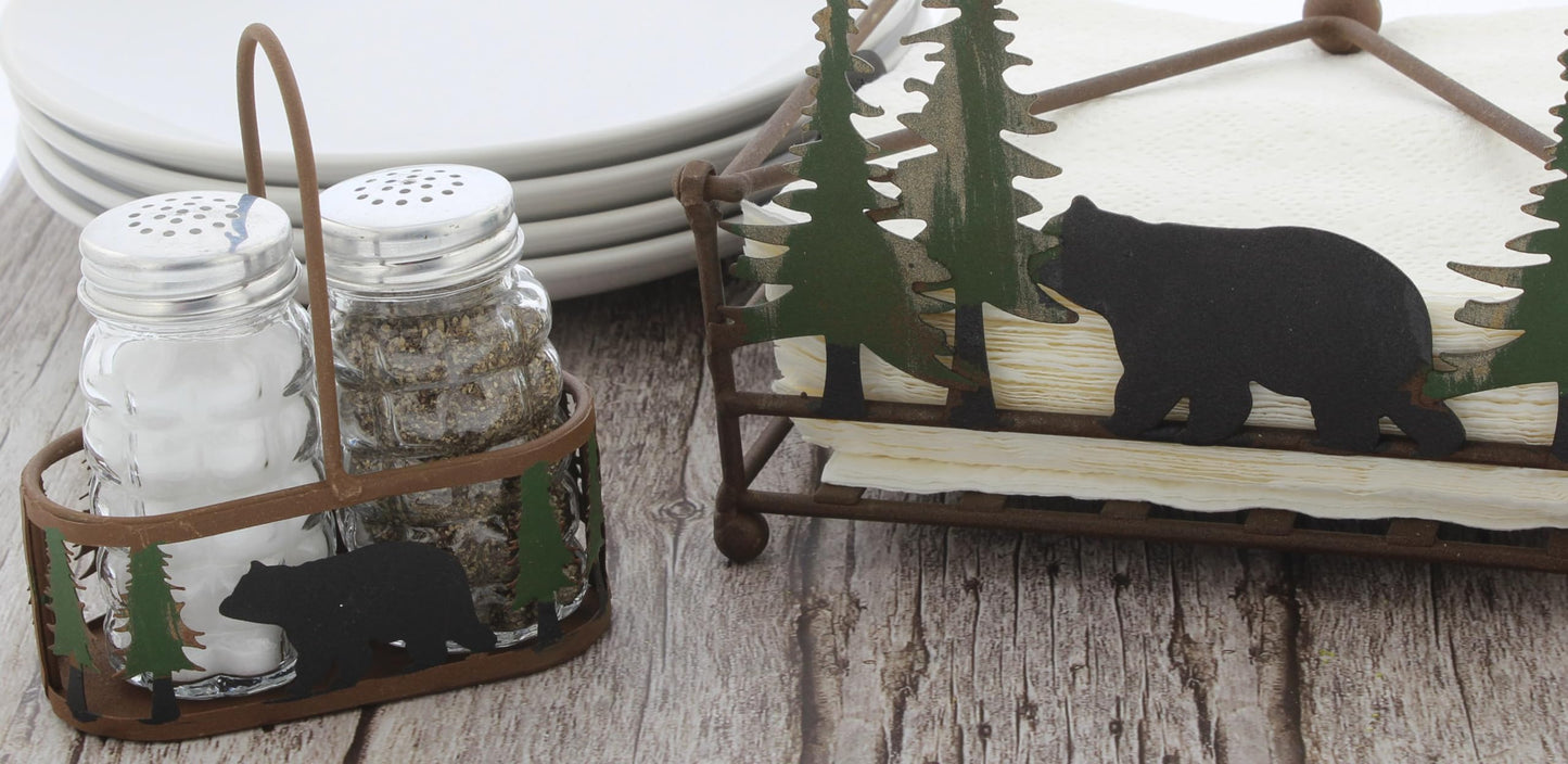 Distinctive Designs Black Bear and Pines Salt and Pepper Shaker Holder Set - 3 Piece Set - Bear Salt and Pepper Shakers - Rustic Lodge Kitchen Tabletop Cabin Decor