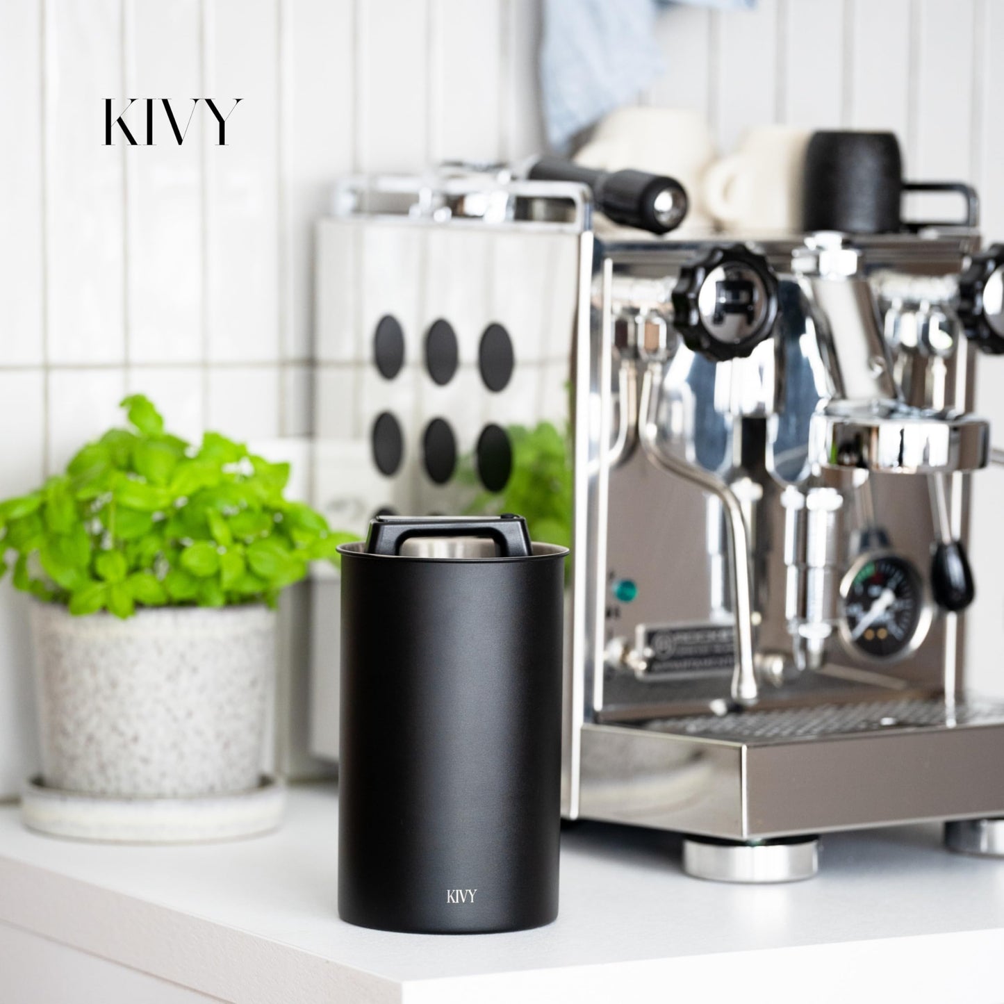KIVY Vacuum Coffee Canister - Push Lid Preserves Coffee Aroma & Oil - Stainless Steel Airtight Coffee Canister - Container for Ground & Coffee Bean Storage - Coffee Storage Jar - Removes Excess Air