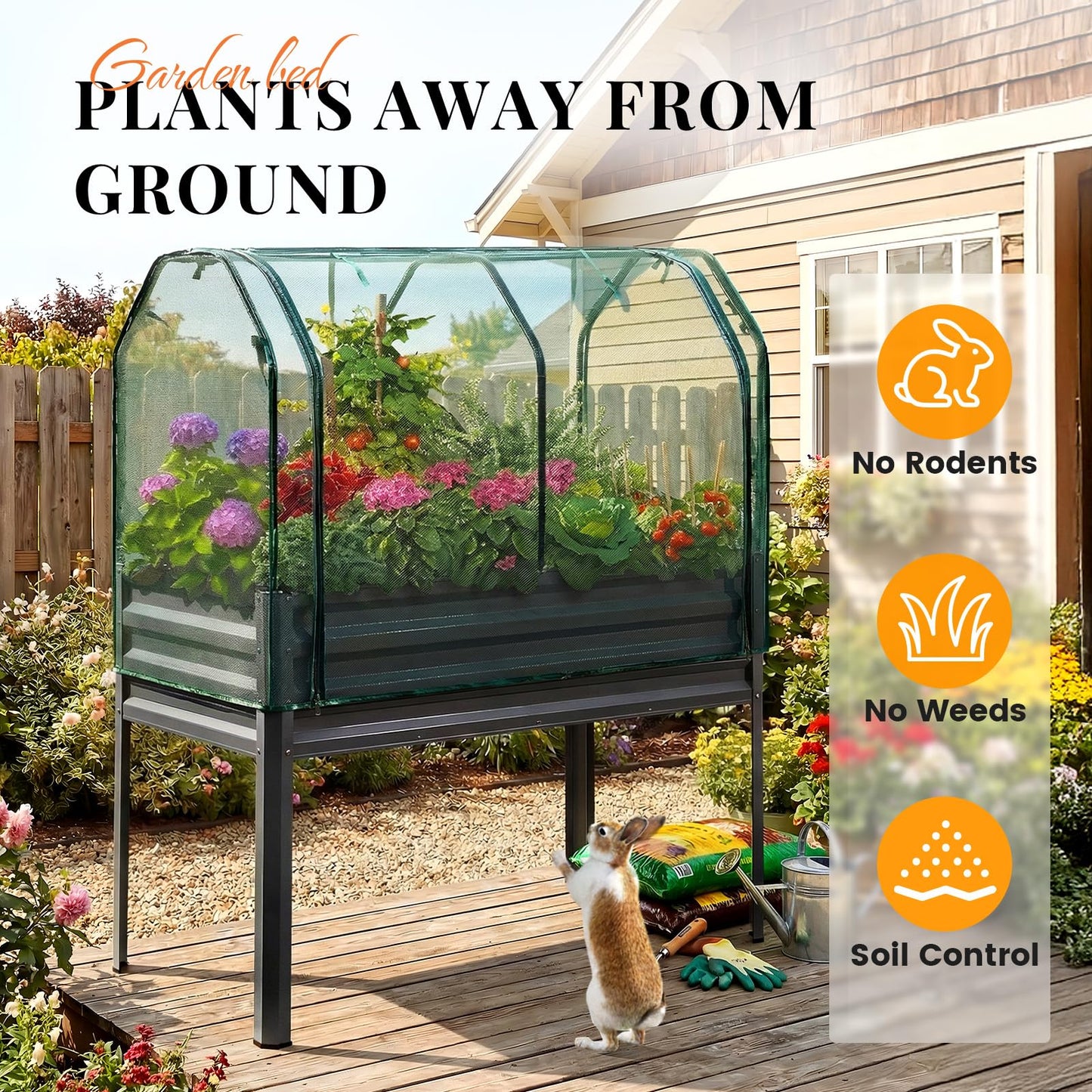 KING BIRD Large Raised Garden Bed with Netting Galvanized Elevated Planter Box with Legs 48×24×56 in for Backyard, Patio, Balcony, 400lb Capacity, Dark Grey