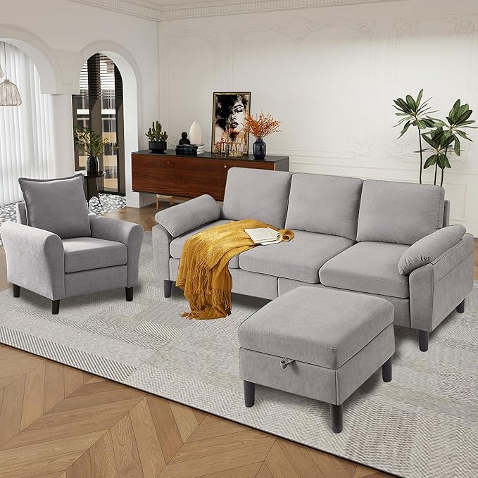 79" Convertible Sectional Sofa Set, Modern Linen Small L Shaped Couch
