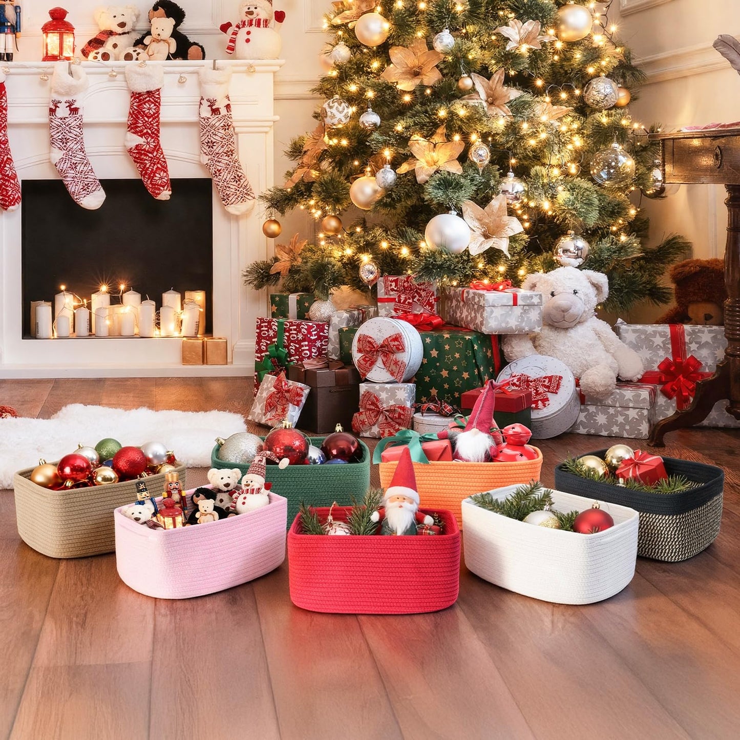 Maxuni 3-Pack Small Storage Baskets for Organizing | Woven Shelf Toy Basket | Rope Baskets for Gifts Empty | Closet Organizer Bins with Handles | Cube Decorative Box | 11.8×7.8×5.1” | Christmas Red