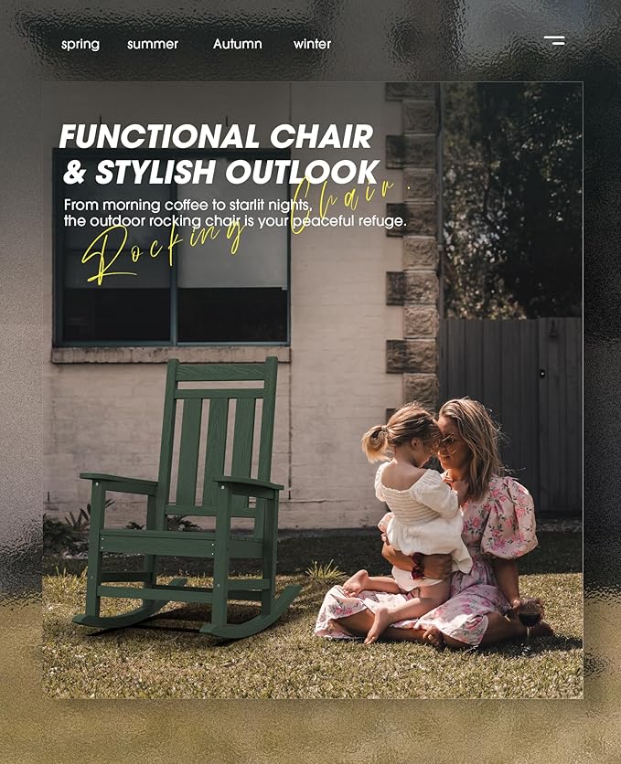 KINGYES Oversized Outdoor Rocking Chair, All-Weather Patio Rocking Chairs for Porch, HDPE Outdoor Patio Rockers with High Back & Wide Seat for Garden, Lawn, Green