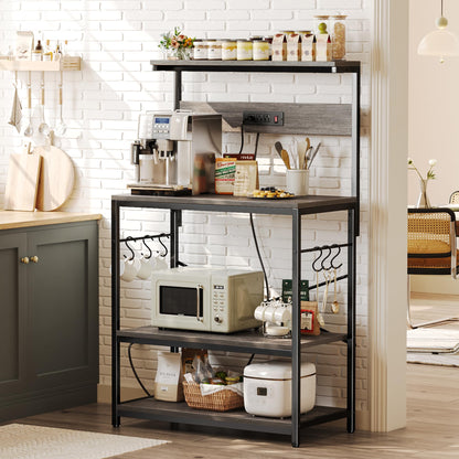 SUPERJARE Kitchen Bakers Rack with Power Outlet, Coffee Bar Table 4 Tiers, Kitchen Microwave Stand with 6 S-shaped Hooks, Storage Shelf Rack for Spices, Pots and Pans - Rustic Brown