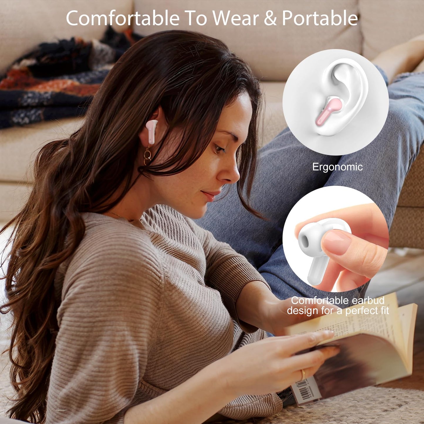 Wireless Earbuds, Bluetooth 5.4 Headphones HiFi Stereo, Bluetooth Earbuds with ENC Noise Cancelling Mic, IP7 Waterproof in Ear Earphones, 48H, LED Display Ear Buds for Pad Phones Workout Sports, Pink