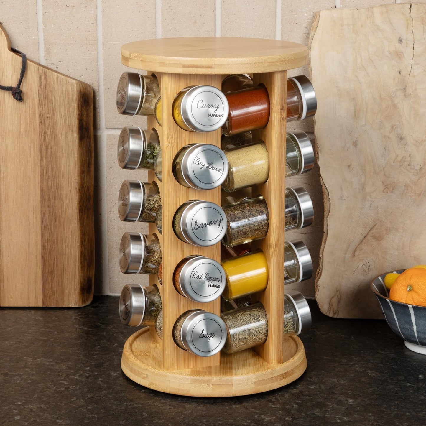 Orii 20 Jar Rotating Bamboo Spice Rack with Spices Included & 5-Year Free Spice Refill Program – Revolving Countertop Spice Rack with Glass Jars