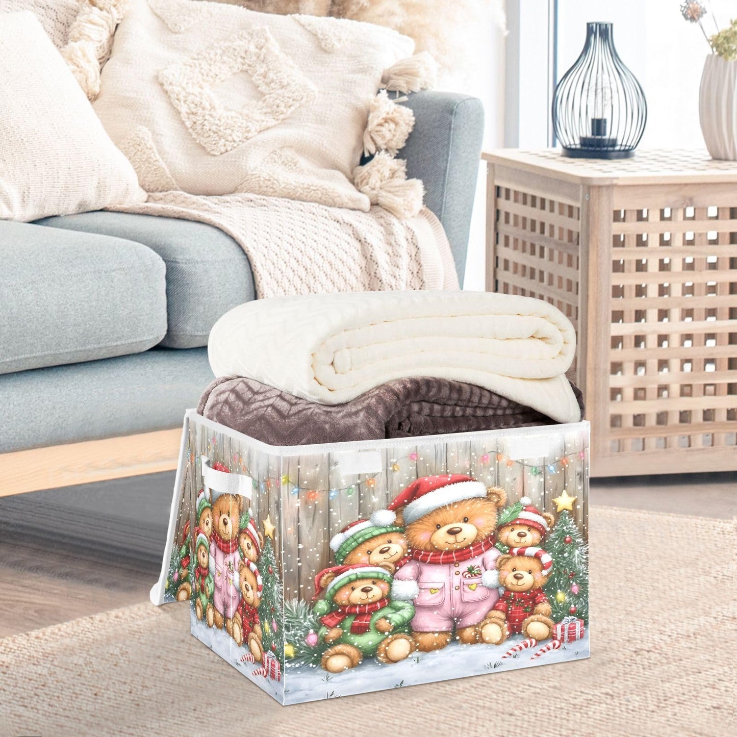 Bolaz Storage Bins with Lids and Handles,Christmas Bear Storage Box Basket with Cover Collapsible Organizer Containers for Home Closet, Shelves