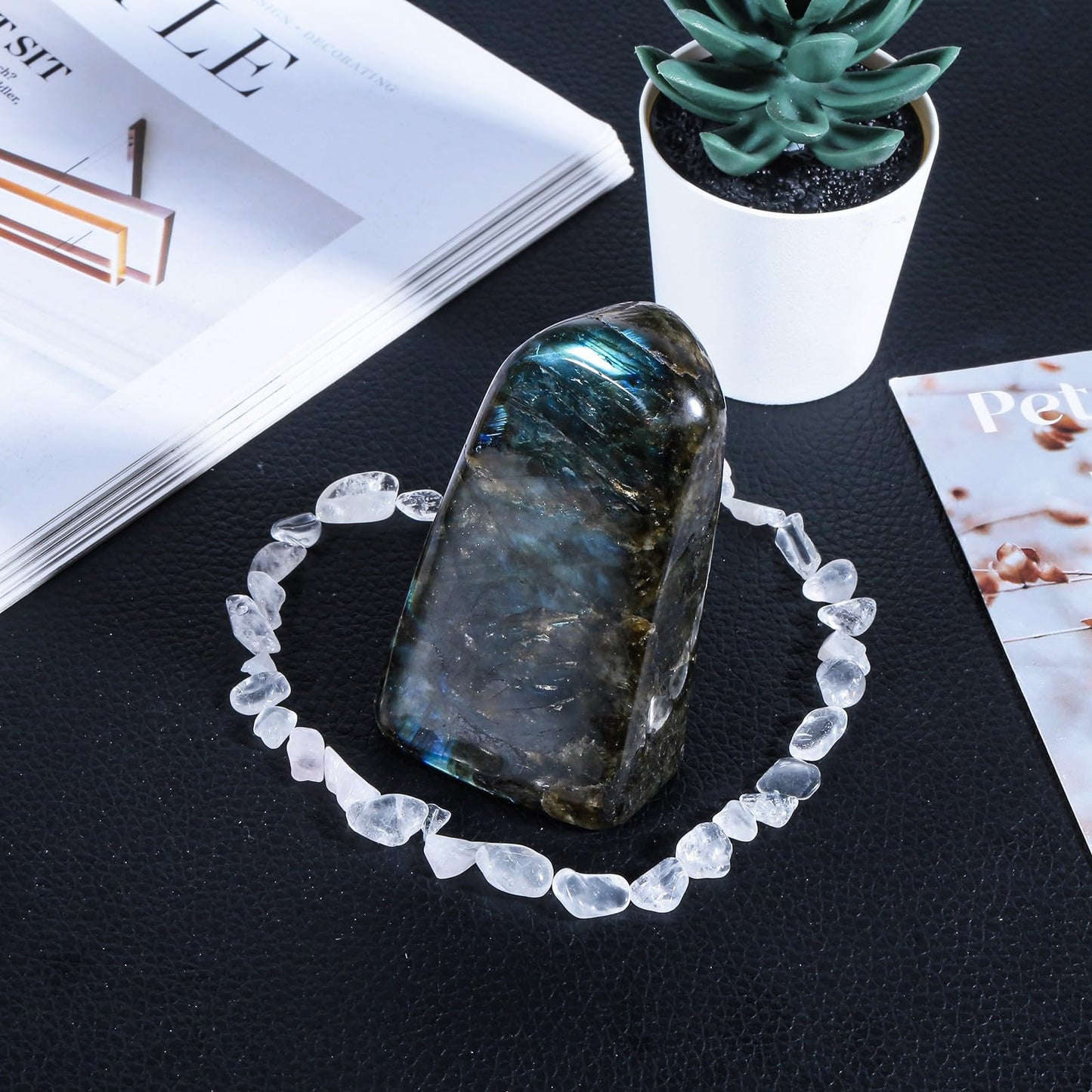 TUMBEELLUWA 0.66-0.88 LB Natural Polished Labradorite Stone Slab for Reiki Healing, Self Standing Crystal Palm Stone for Table Desk Decor