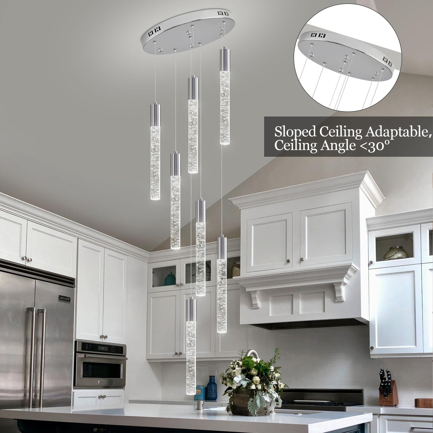 Upfelw Modern High Ceiling Crystal Chandelier 7-Lights, Spiral LED Raindrop Foyer Pendant Lighting, Bubble Staircase Living Room Hanging Light Fixture Flush Mount Chrome