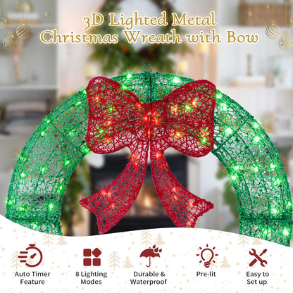 24" Pre-Lit Outdoor Christmas Wreath with 140 LED Lights and Bow, Lighted Metal Christmas Wreath Decoration with Timer Function for Xmas Home Wall Front Door Window Garage (White/Red, 24in)