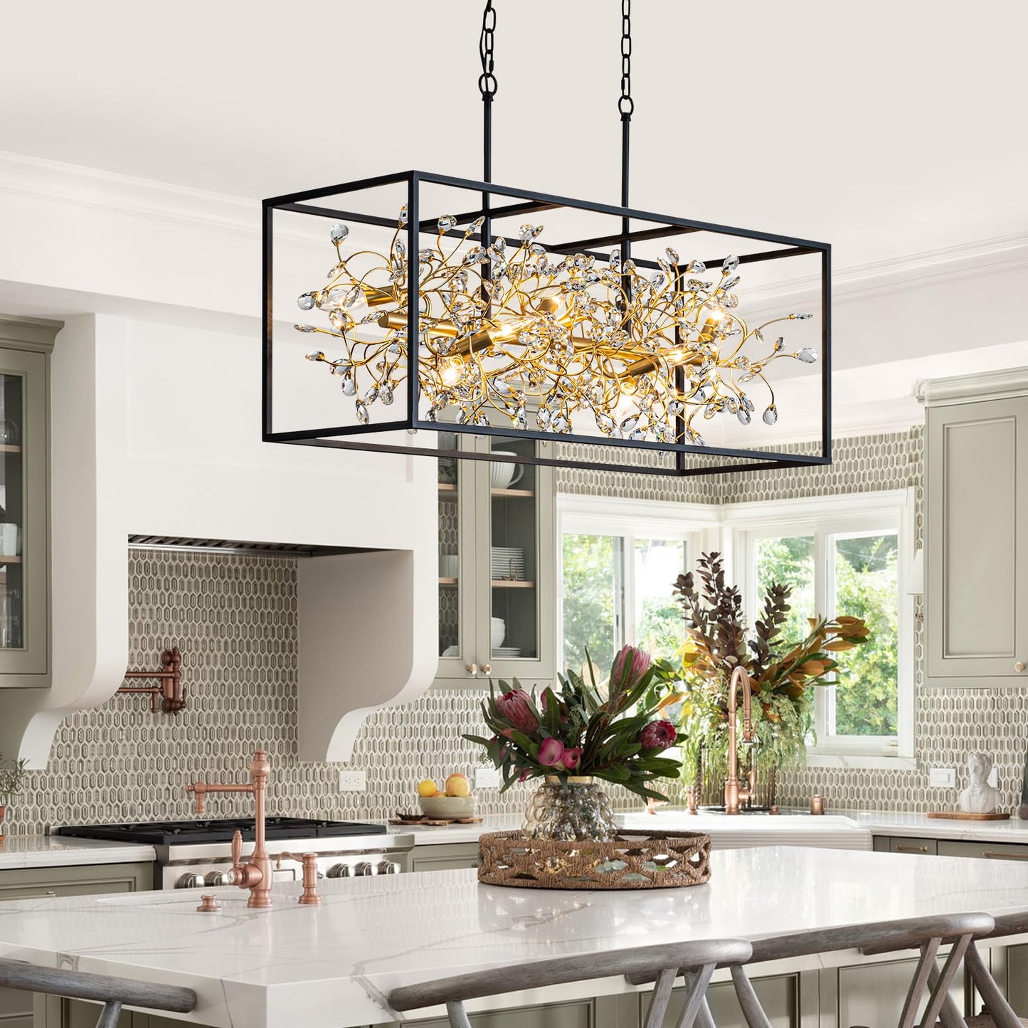 Vezzio Black and Gold Crystal Chandeliers for Dining Room, 8-Light Rectangle Modern Farmhouse Light Fixture, L38.5 in Adjustable Linear Chandelier Kitchen Island