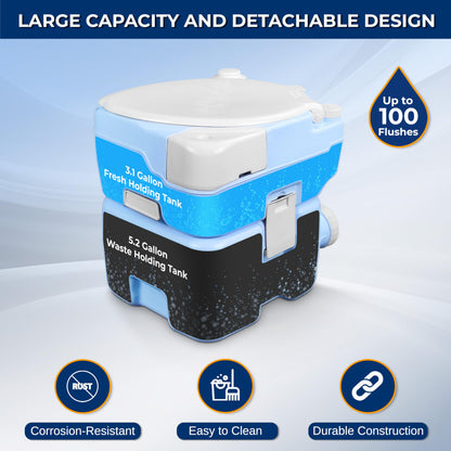 SereneLife 5.3 Gal Portable Camping Toilet For Adults, 100+ Flushes Porta Potty Camp Toilet with Phone Holder, Hand Sprayer, Extra Large Seat, Detachable Waste Tank, For Camping, Hiking, and Boating