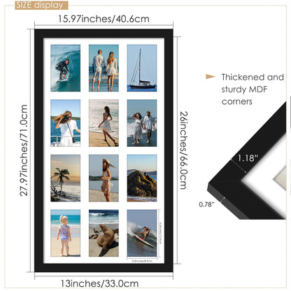 DUENPY 14x26 Collage Picture Frame 4x6 Collage Picture Frame Displays Twelve 4x6 inch Photos Available Horizontal Wall Mounting Display and Vertical Black