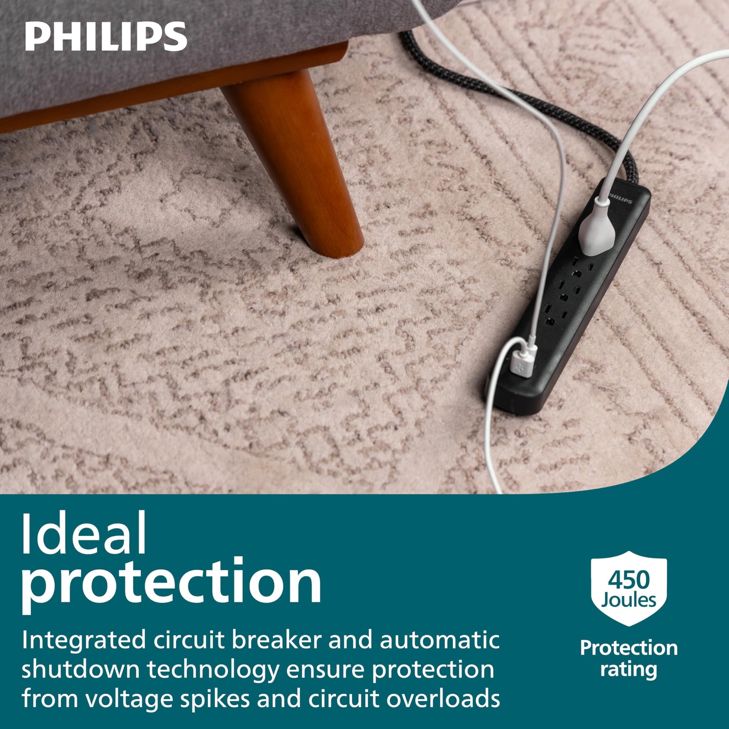 Philips 6 Outlet Power Strip Surge Protector, 6 Ft Power Cord, Designer Braided Extension Cord, Flat Plug, Perfect for Office or Home Décor, 1080 Joules, White, SPC3054WA/37