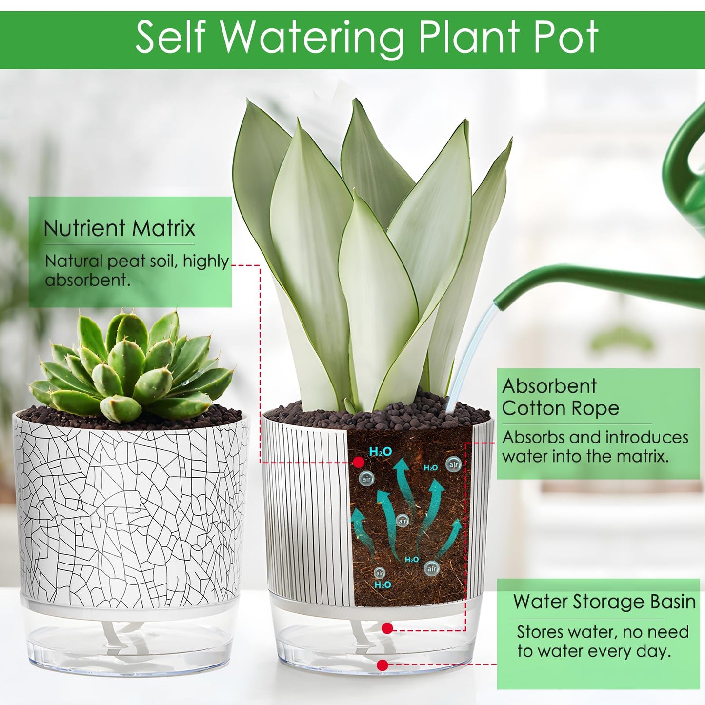 CWYEYE 4 Pack Self Watering Pots for Indoor Plants, 4" + 5.5" Flower Pots with Wick Rope and Reservoir, Plant Pots for African Violet, Spider Plant, Orchid