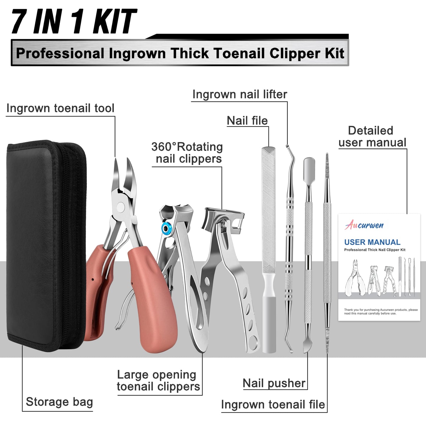 Toenail Clippers for Seniors Thick Toenails, Aucurwen Heavy Duty Toe Nail Clippers Adult Thick Nails Long Handle, Large Toenail Clippers for Thick Nails 7Pcs