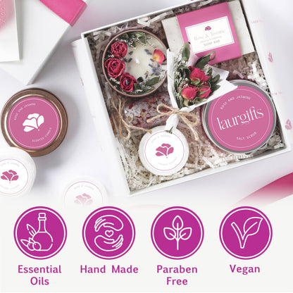 Mothers Day Spa Gift Set for Women – Rose & Jasmine Candle Gift Set with Bath Treats, Relaxing Self Care Basket, Birthday Gift for Mom or Friend
