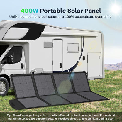 400W Portable Solar Panel, 41V Foldable Solar Panel for Fast Charging Power Station, Multi-Port Wide Compatibility, ETFE Encapsulation IP65 Protection, UL Certified, for Camping, RV, Marine, Off Grid