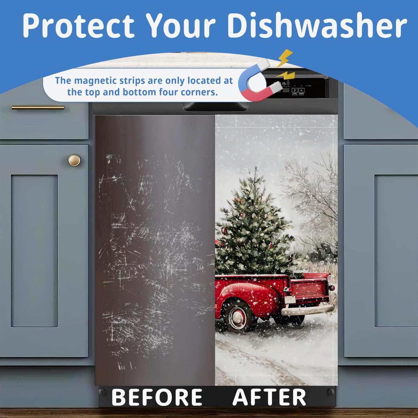 Washable Red Truck Dishwasher Magnetic Cover for Kitchen Decor,Christmas Tree Refrigerator Magnet Front Panel for Appliances,23 x 26 Inch