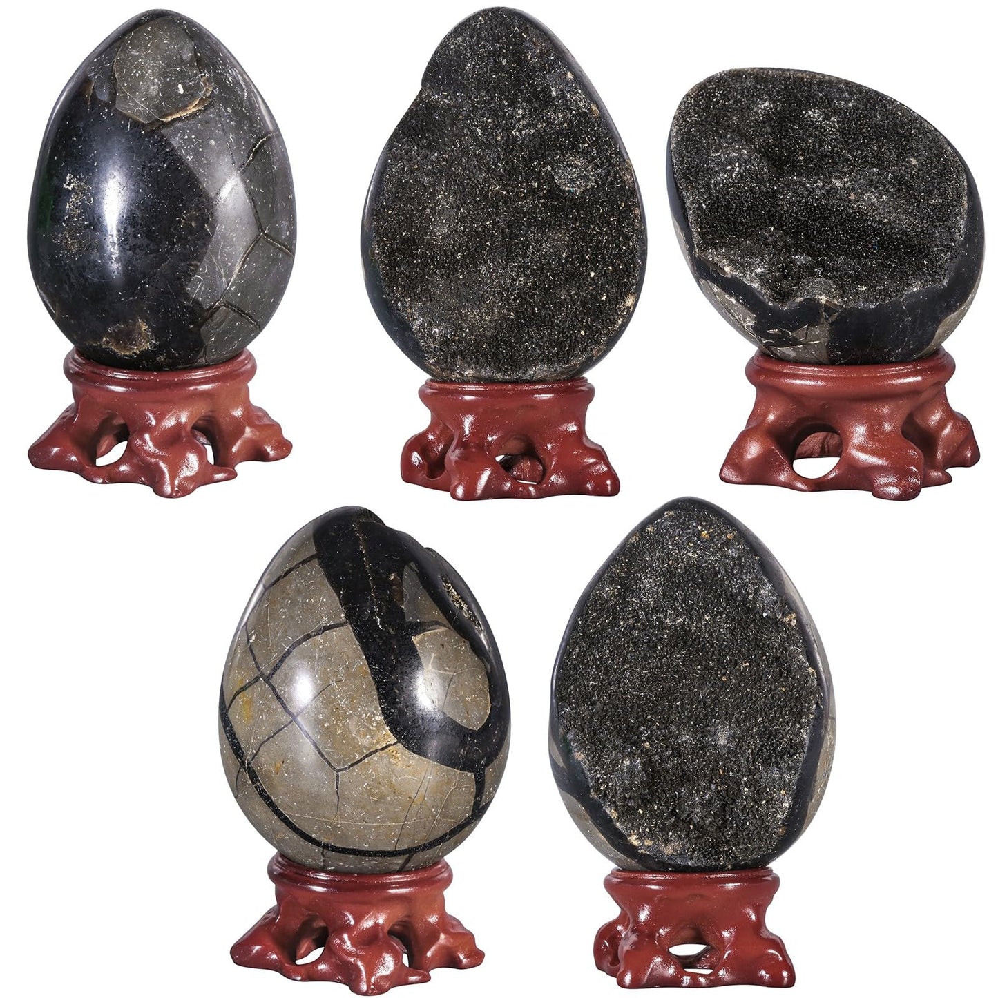 SUNYIK Natural Black Septarium Dragon Egg with Resin Stand, Geode Cluster Septarian Dragon Stone Egg for Fengshui Divination Home Office Decoration, 2.2.3"(51-60mm)