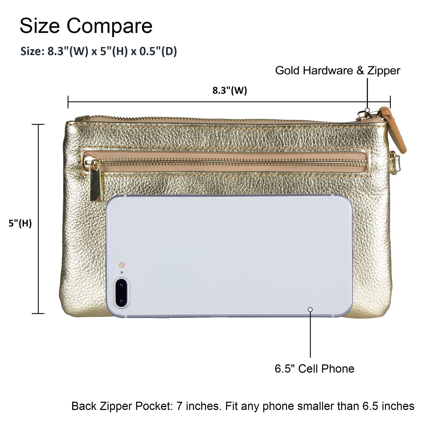 befen 100% Genuine Leather Clutch bags for women,【Small】 Real Leather Ladies Wristlet Purse with Detachable Wrist Strap & Zip Closure for Evening,Holiday, Fit Phone 8 Plus or Phone Less 6.5 Inch