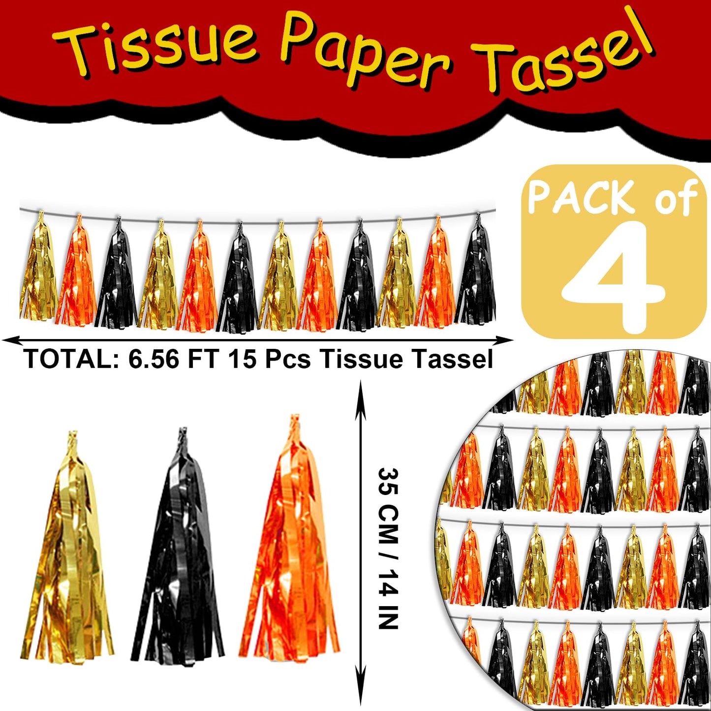 4P Orange Gold Black Tassel Banner Garland Metallic Foil Fringe Banner Tinsel Tassels Streamer Banner Backdrop for Parade Floats, Graduation Decorations, Halloween, Christmas Decorations