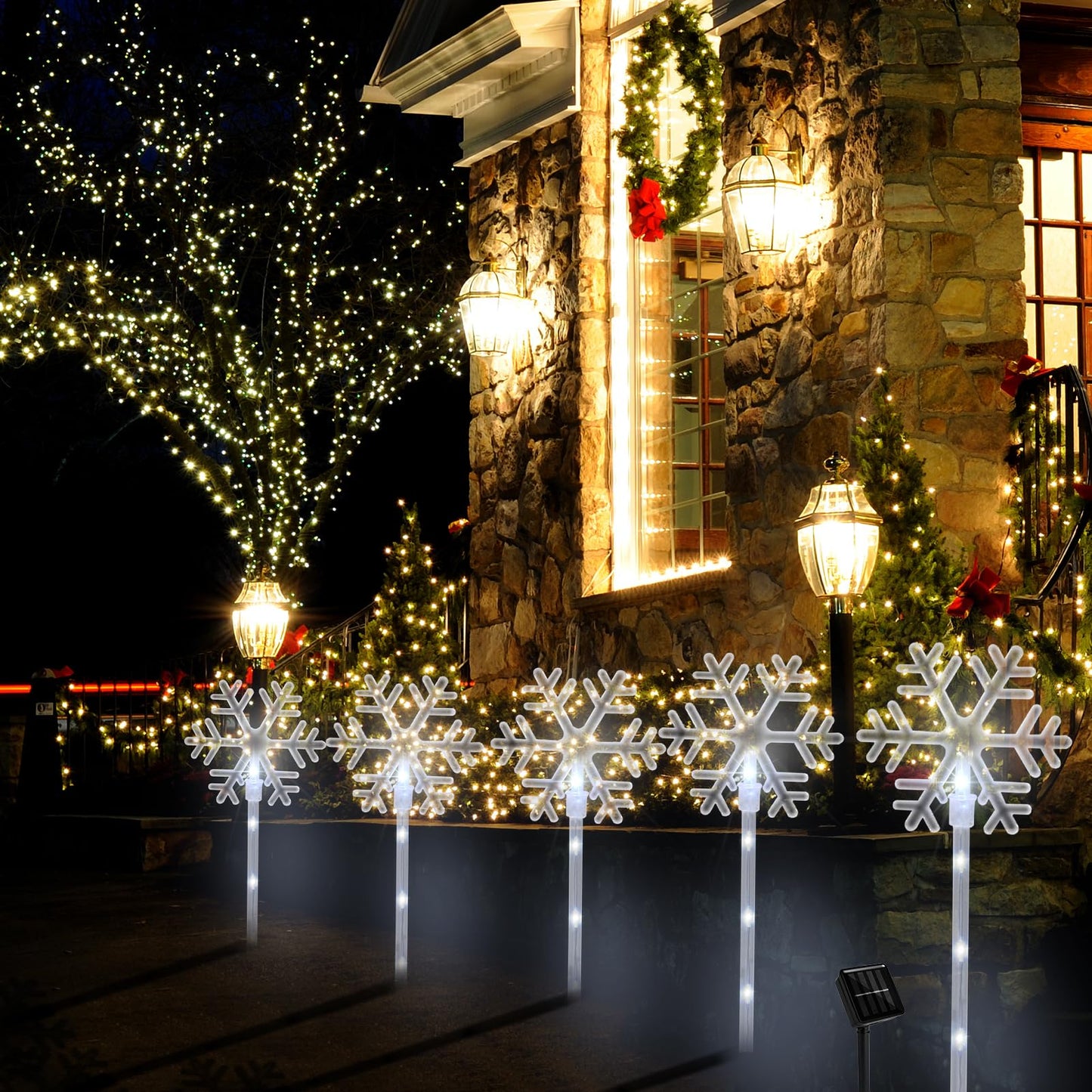 ILLUMINEW Christmas Solar Stake Lights, 5 Pack Waterproof Landscape Christmas Lights, Pathway Christmas Decorations, LED Lights for Yard Lawn Patio Walkway Decor (10PCS Snowflake-Cool White)
