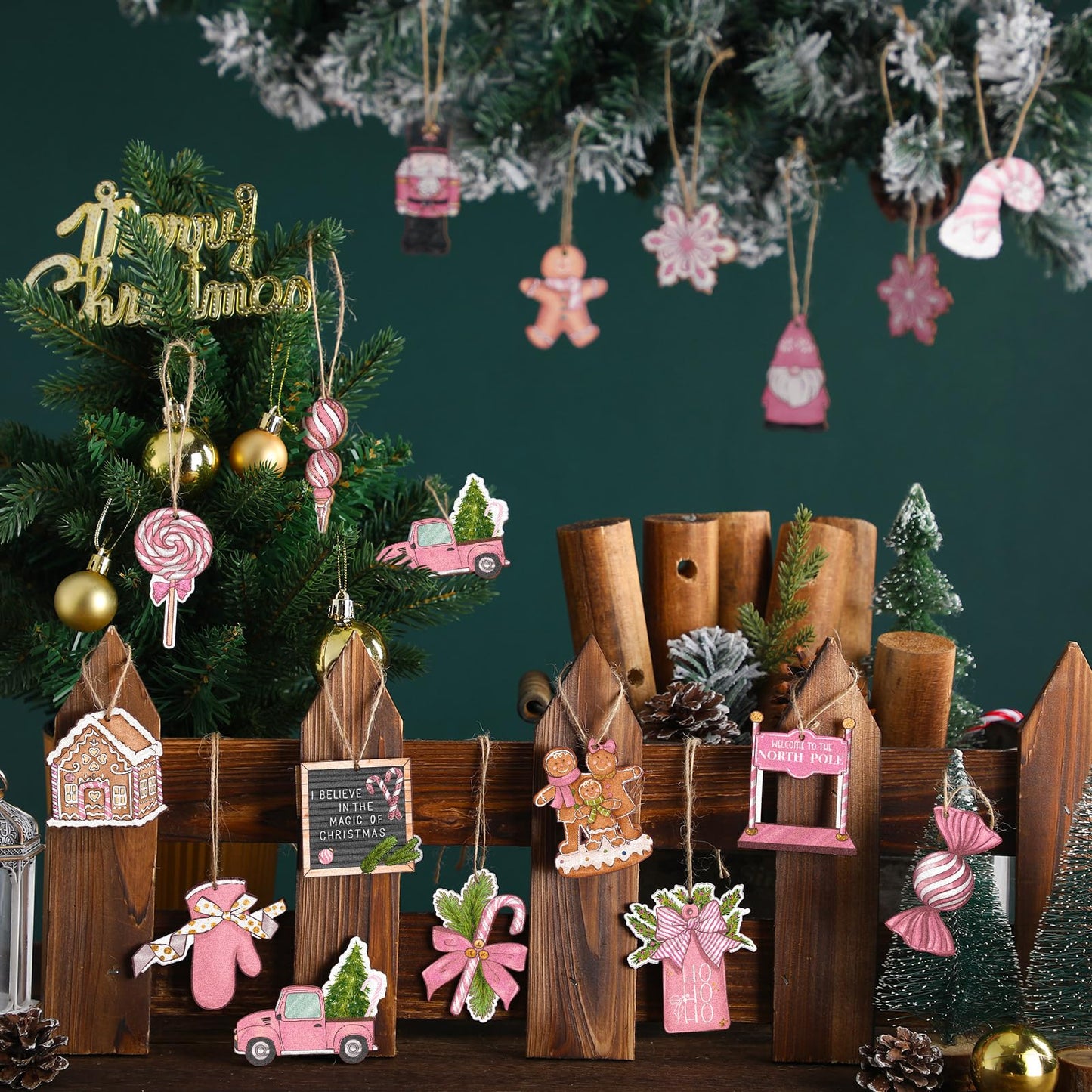 Huwena 40 Pcs Christmas Wooden Ornaments Winter Decorations for Xmas Tree Gingerbread Nutcracker Snowman Gnome Wood Cutouts for Small Tree Wreath Decor(Pink Pastel,Nutcracker & Gingerbread)