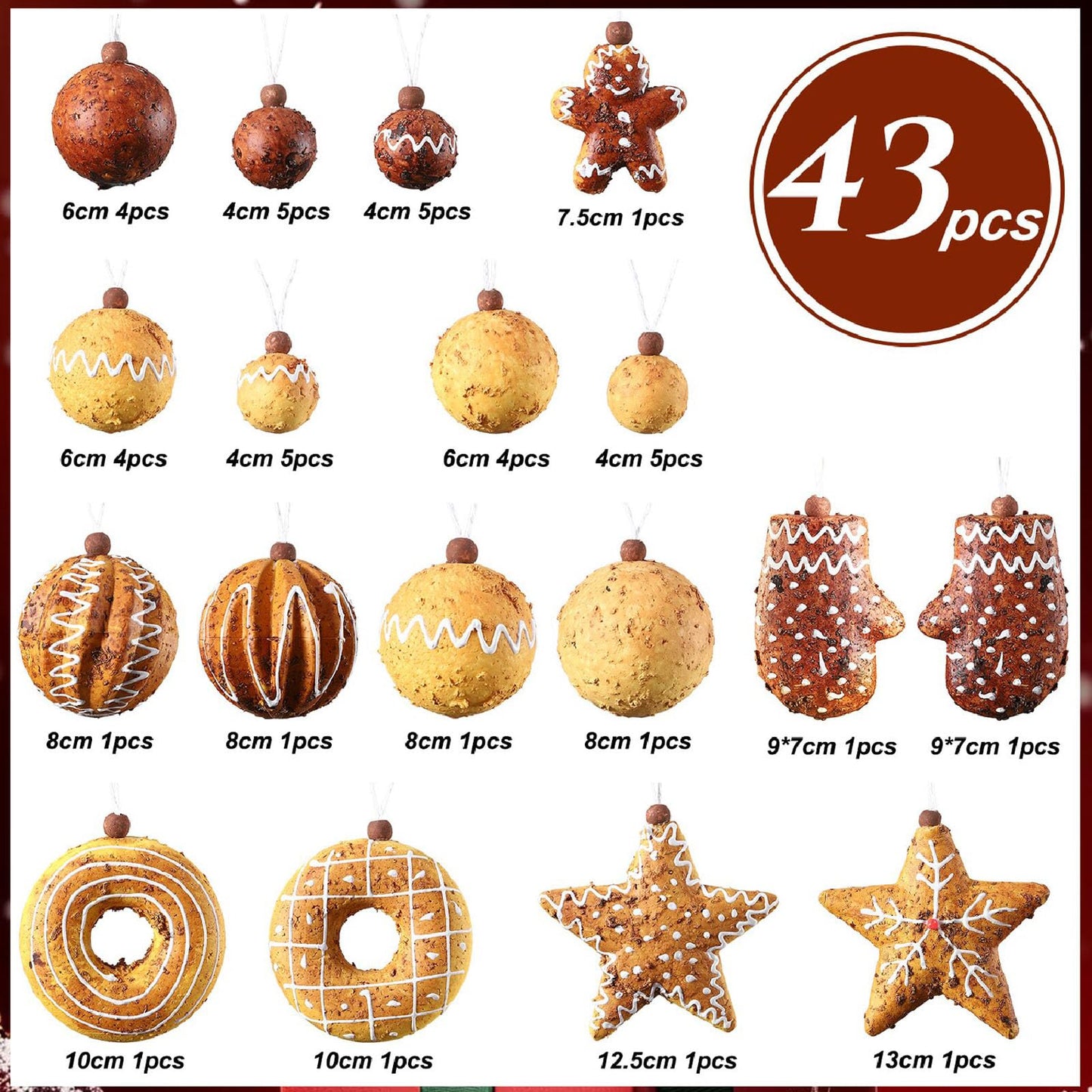 Baking Christmas Ornaments Set 43pcs Shatterproof Bread Gingerbread Thmed Christmas Tree Hanging Ornaments Decorations for Indoor Holiday Party Xmas Decor (Baking Set)