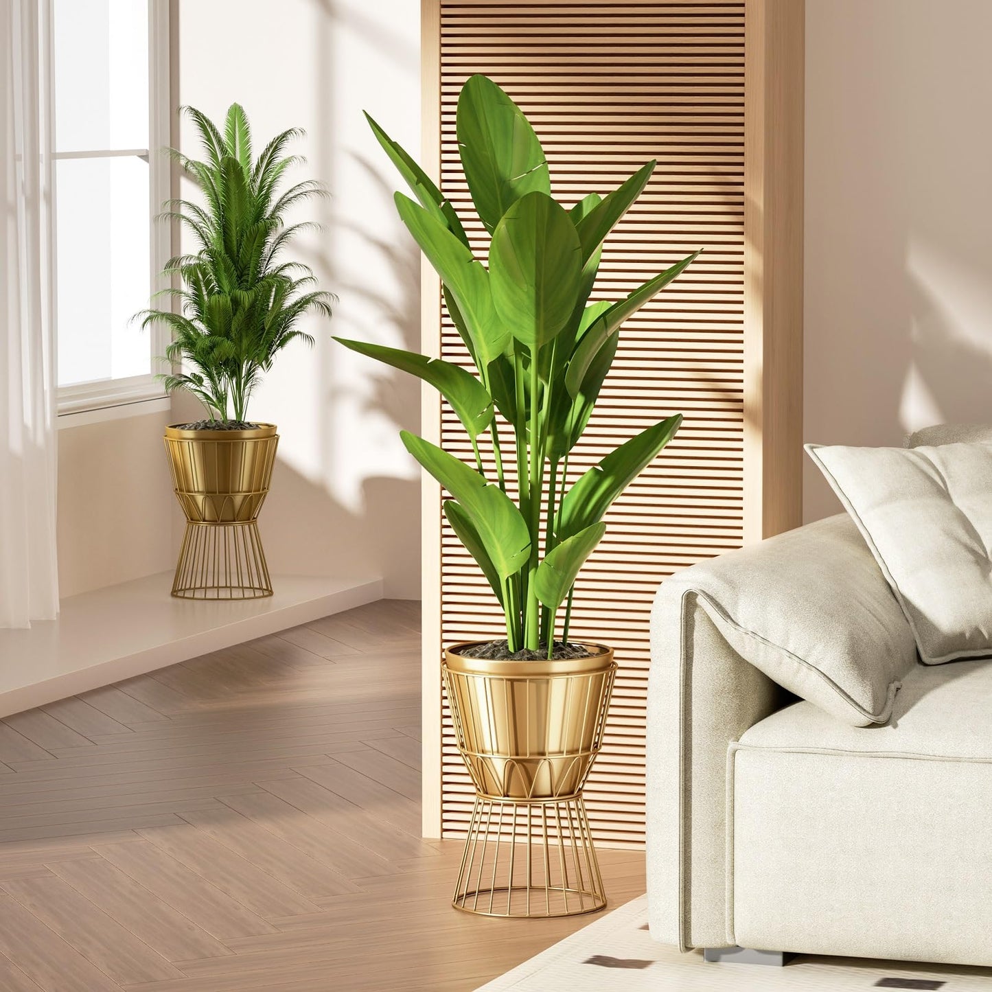 Ecomosita Planter with Stand Gold Metal Plant Pot with Stand - 12 Inch Unique Modern Flower Pots Indoor with Gold Plant Stand with Drainage, 2 Pack