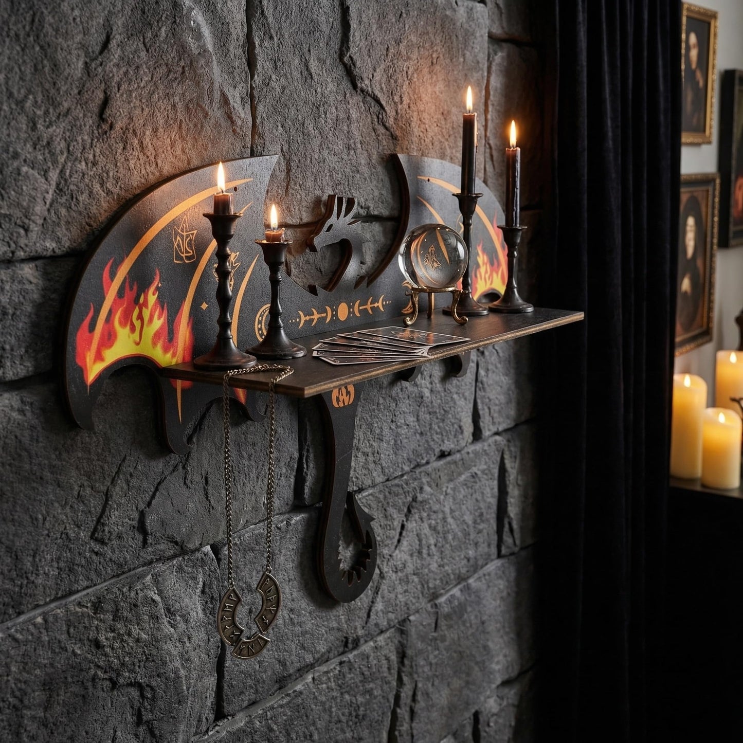 Gothic Evil Dragon Crystal Display Shelf for Wall, Wooden Trinket Holder Decor Witchy Shelf Rock Display Case Knick Knack Organizer, Wall Hanging Shelves for Essential Oil & Nail Polish (Dragon)