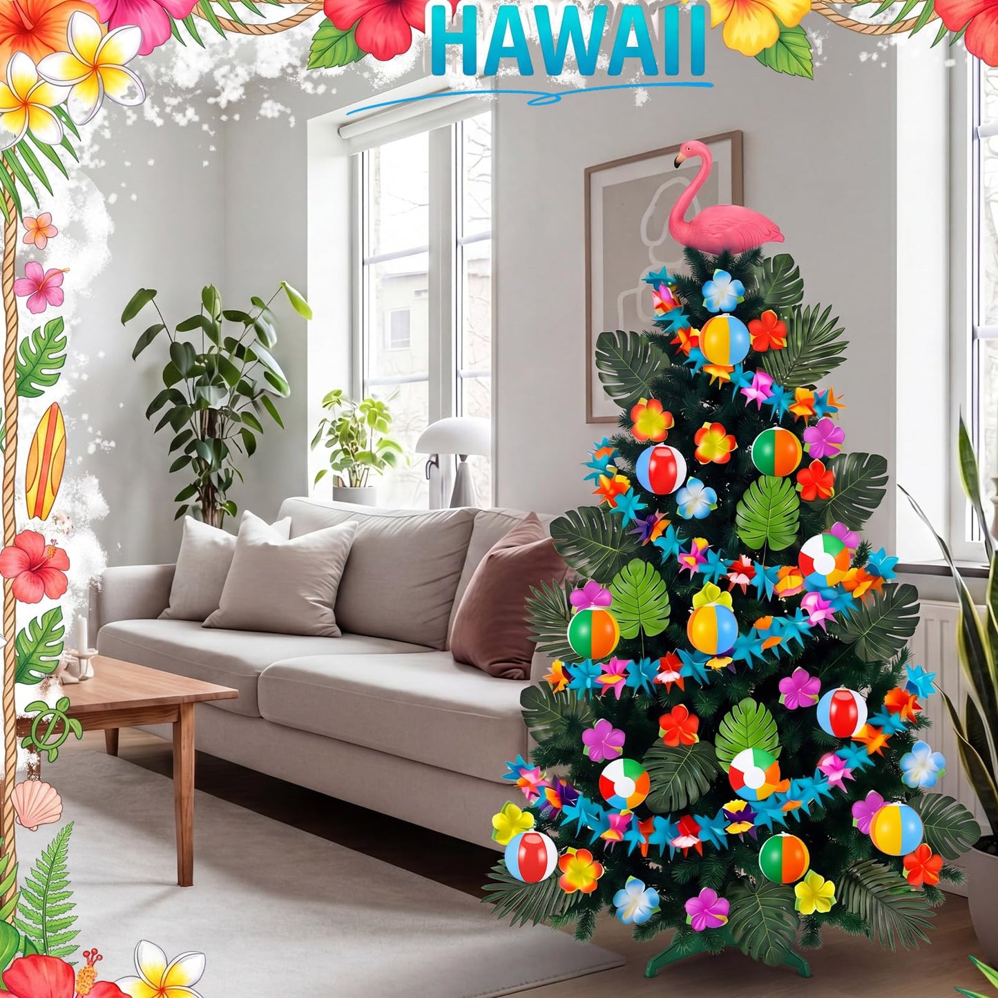 Glimin 54 Pcs Hawaiian Christmas Tree Decoration Set Tropical Flower Paper Garlands with Flamingo Tree Topper Hibiscus Flowers Palm Leaves Picks Beach Ball Ornament for Summer Hawaiian Luau Xmas Decor